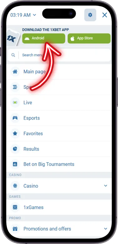1xbet application button