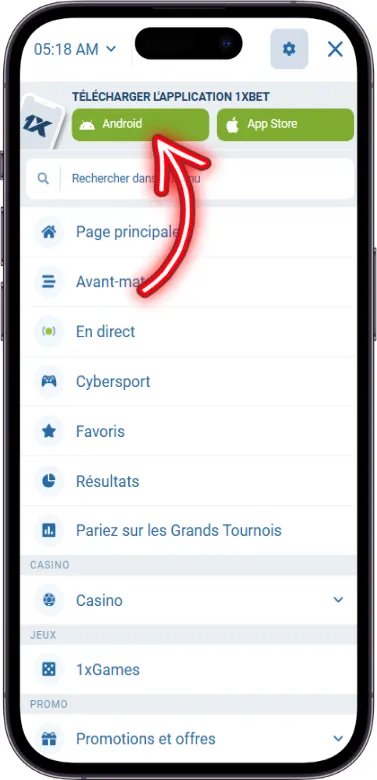 1xbet bouton d'application